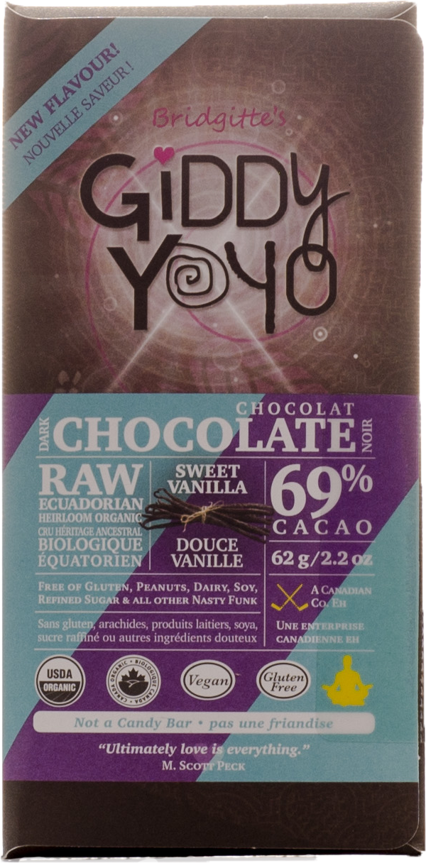 Giddy Yoyo Sweet Vanilla 69% Dark Chocolate Bar Certified Organic 62g