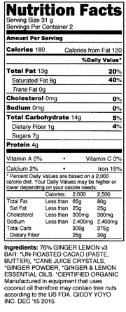 Giddy Yoyo Ginger 76% Dark Chocolate Bar Certified Organic 62g