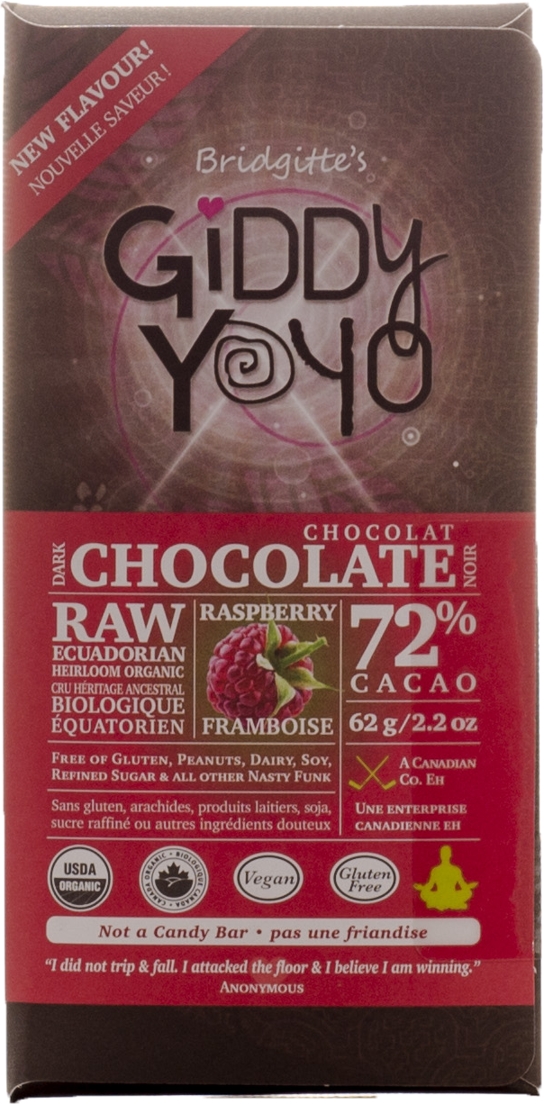 Giddy Yoyo Raspberry 72% Dark Chocolate Bar Certified Organic 62g